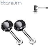 Pair of Implant Grade Titanium Threadless Black CZ Earring Studs with Flat Back