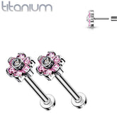 Pair of Implant Grade Titanium Threadless Pink CZ Flower Earring Studs with Flat Back