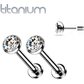 Pair of Implant Grade Titanium Threadless Stud White Bezel Earrings with Flat Back