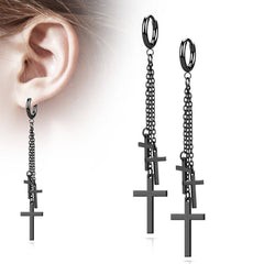 Pair Of Surgical Steel Black PVD Thin Hoop Earrings With Dangling Chains & Crosses