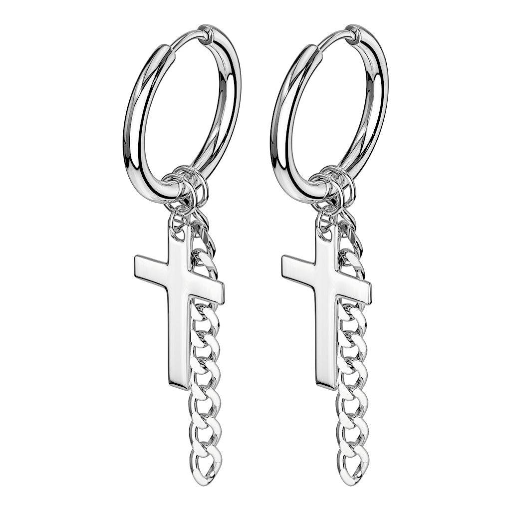 Pair of Surgical Steel Cross & Chain Dangle Hoop Earrings