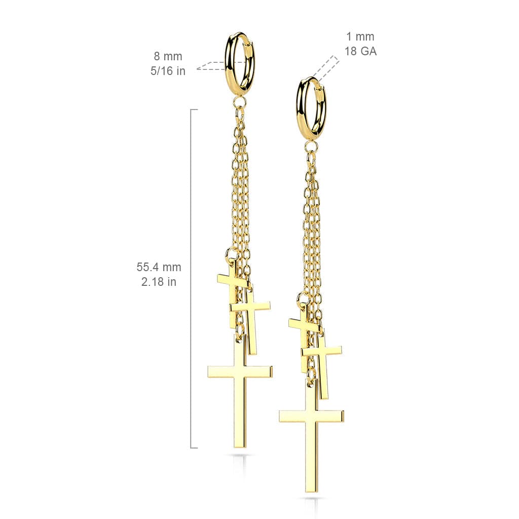 Pair Of Surgical Steel Gold PVD Thin Hoop Earrings With Dangling Chains & Crosses