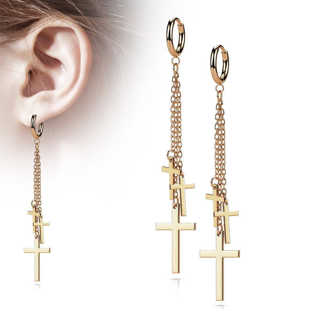 Pair Of Surgical Steel Rose Gold PVD Thin Hoop Earrings With Dangling Chains & Crosses