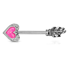 Pink Opal Heart & Feather Arrow Surgical Steel Nipple Ring Barbell