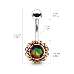 Rose Gold Filigree Dark Green Opal Belly Button Ring