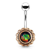 Rose Gold Filigree Dark Green Opal Belly Button Ring