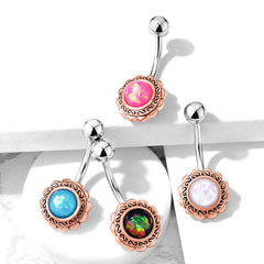 Rose Gold Filigree Dark Green Opal Belly Button Ring