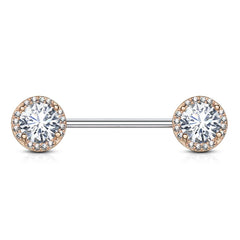 Rose Gold Plated Surgical Steel CZ Centre Pave Nipple Ring Barbell