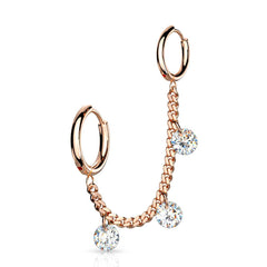 Rose Gold PVD Surgical Steel Chain Link Double Hoop Earring with White CZ Gem Dangle