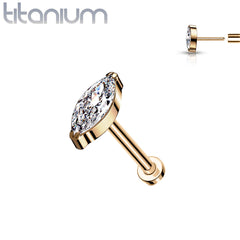 Implant Grade Titanium Rose Gold PVD Threadless Push In Labret White Marquise CZ Stud
