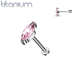Implant Grade Titanium Threadless Push In Labret Pink Marquise CZ Stud