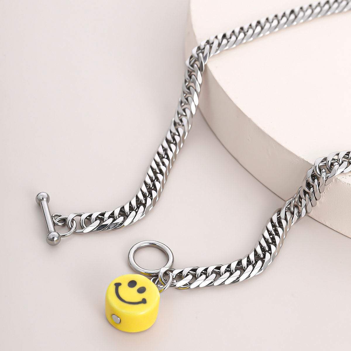 Stainless Steel Smile Face Toggle Clasp Curb Link Chain Necklace