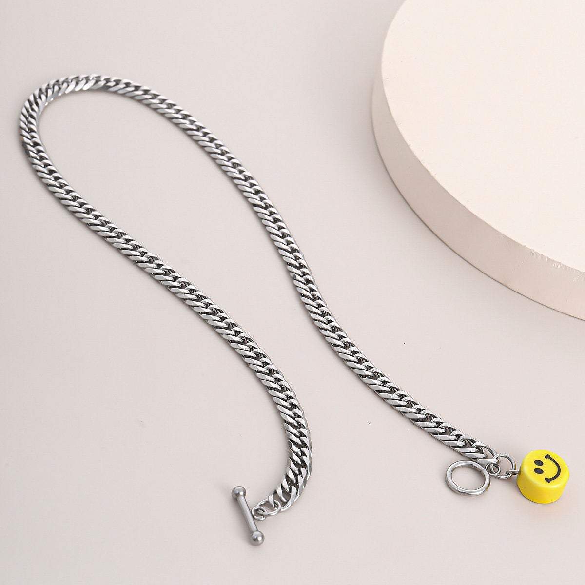 Stainless Steel Smile Face Toggle Clasp Curb Link Chain Necklace