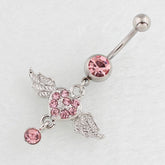 Surgical Stainless Steel Pink Rhinestone Inlaid Heart Wing Dangle Navel Ring