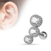 Surgical Steel 3 Consecutive CZ Gem Ball Back Ear Cartilage Helix Stud Barbell