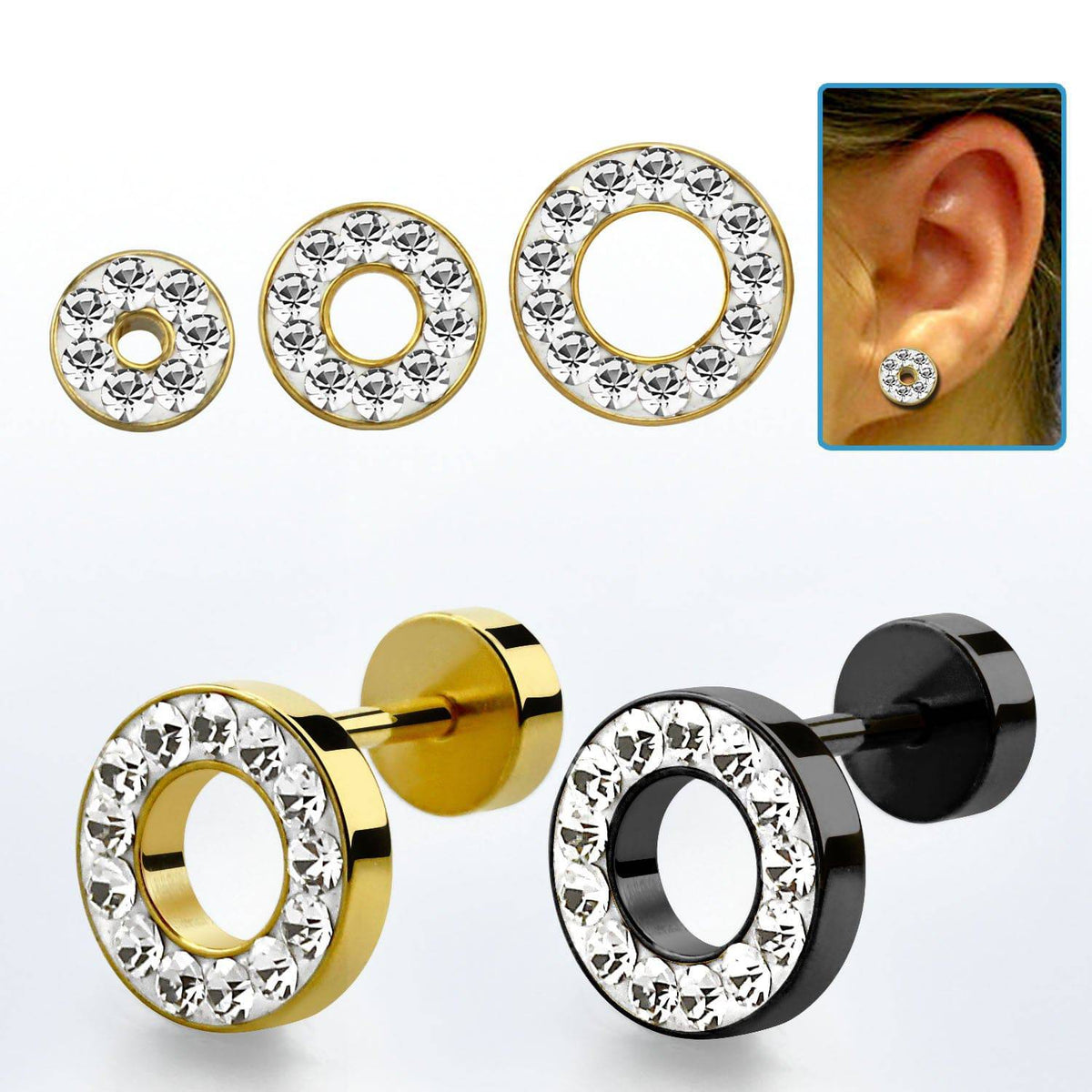 Surgical Steel Anodized CZ Paved Screw Back Fake Plug Tunnel Earrings