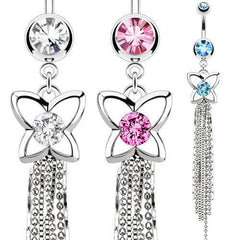 Surgical Steel Belly Button CZ Gem Butterfly Ring with Chandelier Chains Dangling Cluster