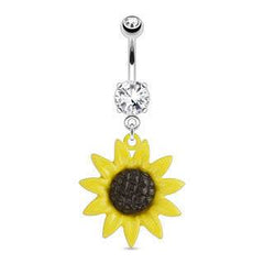 Surgical Steel Belly Button Navel Ring Bar with Dangling Sunflower
