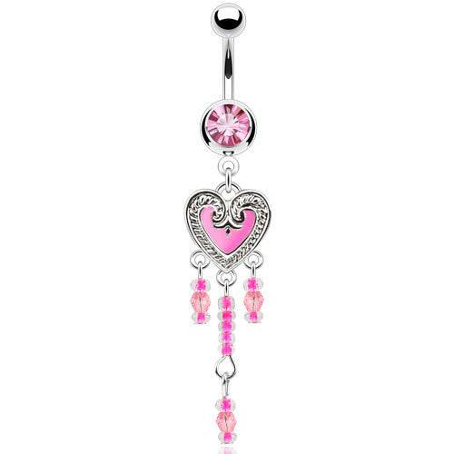 Surgical Steel Belly Button Navel Ring Bar with Pink Beaded Heart Chain Dangle