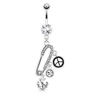 Surgical Steel Belly Button Navel Ring White CZ Safety Pin with Peace and Anchor Charms