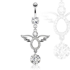Surgical Steel Belly Button Navel Ring with CZ Gem Angel Wings Tear-drop Dangle