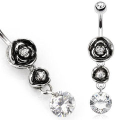 Surgical Steel Belly Button Navel Ring with Double Rose Flower Gem Drop Dangle