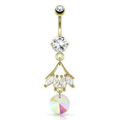Surgical Steel Gold Plated Dangling CZ Leaf Prism Belly Button Navel Ring