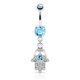 Surgical Steel Hamsa Hand Paved CZ Belly Button Dangle Navel Ring