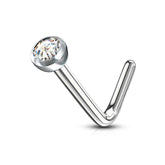 Surgical Steel Press Fit White CZ Gem "L" Shape Nose Ring Pin