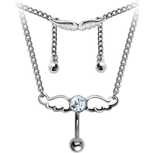 Surgical Steel Reverse Top Down Back Belly Ring Chain With White CZ Crystal Wings