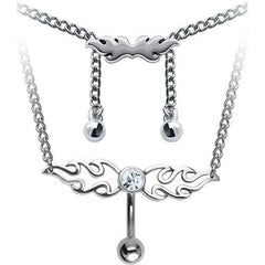 Surgical Steel White CZ Crystal Tribal Reverse Top Down Belly Ring Back Chain