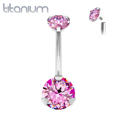 Implant Grade Titanium Internally Threaded Pink CZ Prong Belly Button Navel Ring