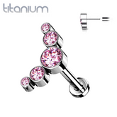 Implant Grade Titanium Threadless Push In Cartilage 5 Gem Curved Pink CZ Gems With Flat Back
