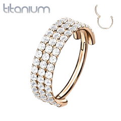 Implant Grade Titanium Rose Gold PVD Triple Row White CZ Pave Hinged Clicker Hoop