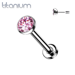 Implant Grade Titanium Threadless Push In Tragus/Cartilage Flat Back Bezel Pink CZ With Flat Back