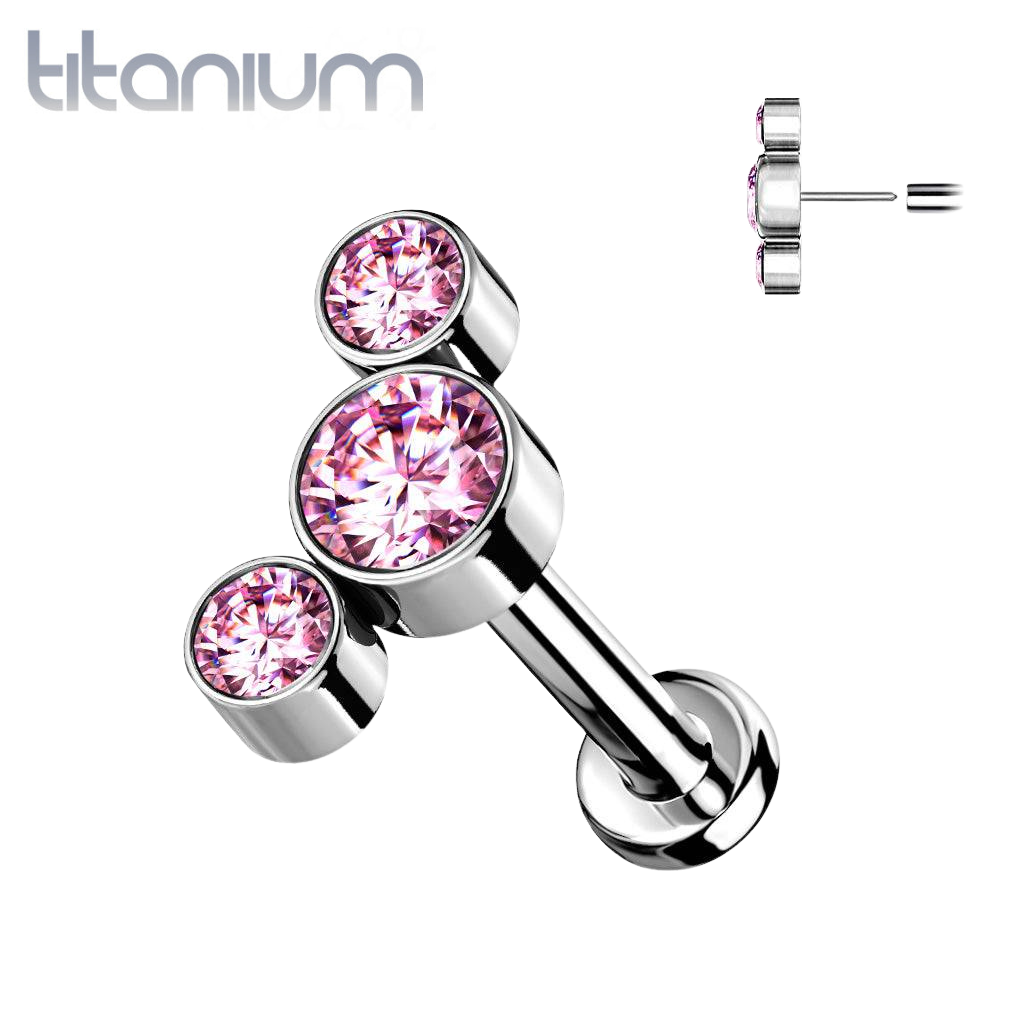 Implant Grade Titanium Threadless Push In Tragus/Cartilage Triple Curved Pink CZ Gems With Flat Back