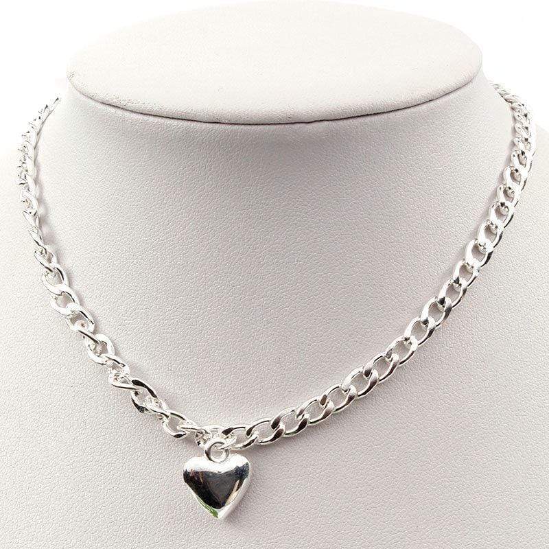 Trendy Gold Silver Tone Curb Link Chain Heart Locket Pendant Choker Necklace