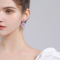 18K Purple Pink Small Flower Enamel Earrings-Dangle Style