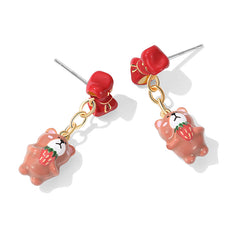 18K Sweet Simple Strawberry Cute Bear Enamel Earrings