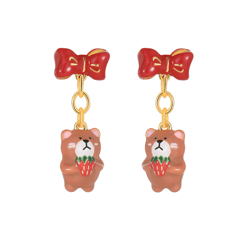 18K Sweet Simple Strawberry Cute Bear French Enamel Earrings