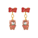 18K Sweet Simple Strawberry Cute Bear French Enamel Earrings