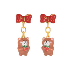 18K Sweet Simple Strawberry Cute Bear French Enamel Earrings