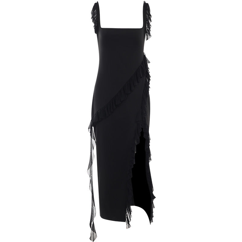 Lumière Noire" High Slit Ribbon Dress