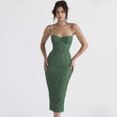 Nadine Sweetheart Bodycon Lace Cocktail Midi Dress - green