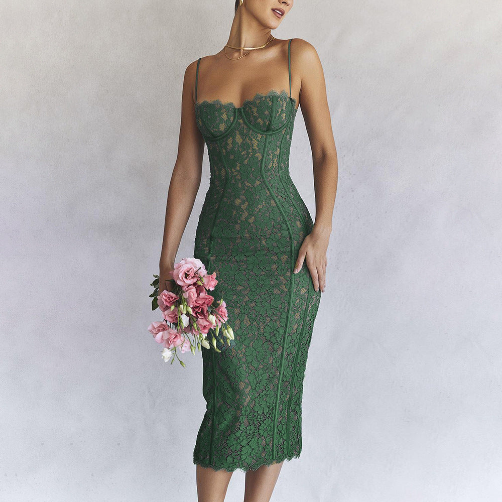 Nadine Sweetheart Bodycon Lace Cocktail Midi Dress - green