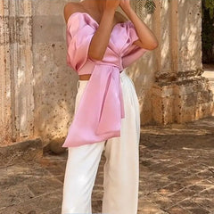 Women's INS Internet Hot Bow Cross Asymmetric Top