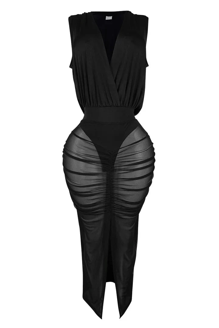 Jennifer Hoodie Bodysuit & Mesh V neckline Skirt SET