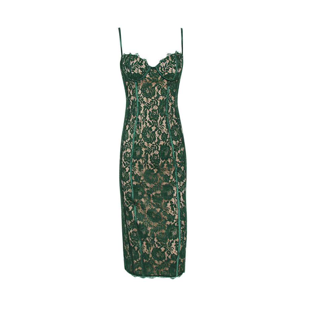 Nadine Sweetheart Bodycon Lace Cocktail Midi Dress - green