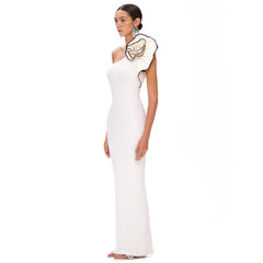 Elara White Knitted Asymmetrical Maxi Dress