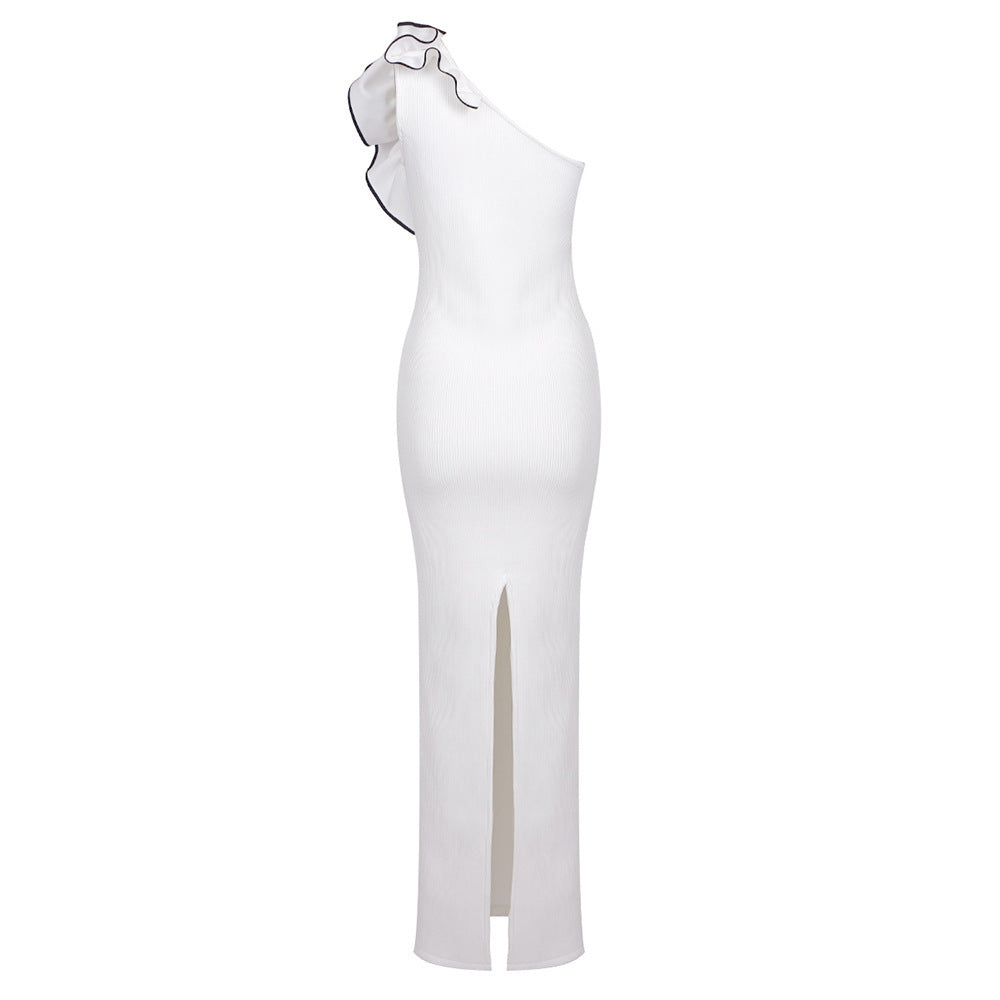 Elara White Knitted Asymmetrical Maxi Dress